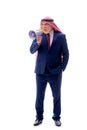 Old arab businessman holding megaphone  on white Royalty Free Stock Photo