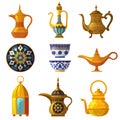Old arabic heritage. Traditional cultural decorated pottery with logos saudi symbols vector arabia set