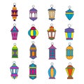 Old arabic light lamp set. Muslim Ramadan lanterns illustration