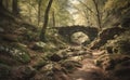 An old arched bridge above a dry river stream