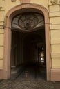 Old arched entrance with stained glass window Royalty Free Stock Photo