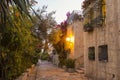 Old area Mishkenot Shaananim in Jerusalem in the evening, Royalty Free Stock Photo