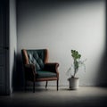 Old armchair placed in front of empty wall with plant, minimalistic