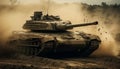 Old armored tank rolls through battlefield dust generated by AI