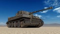 Old army tank, vintage armored military vehicle with gun and turret in desert environment, bottom view, 3D render