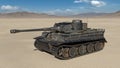 Old army tank, vintage armored military vehicle with gun and turret in desert environment, 3D render