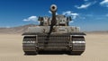 Old army tank, vintage armored military vehicle with gun and turret in desert environment, front view, 3D render Royalty Free Stock Photo