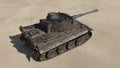 Old army tank, vintage armored military vehicle with gun and turret in desert environment, top view, 3D render