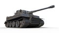 Old army tank, vintage armored military vehicle with gun and turret on white background, bottom view, 3D render