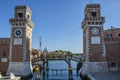 Old Arsenal ornamental towers in Venice during sunny day, Italy Royalty Free Stock Photo