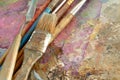 Old art brushes on a palette with paints. top view Royalty Free Stock Photo
