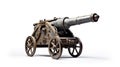 Old Artillery Cannon On Large Wooden Wheels On A White Background. An Ancient Antique Medieval Weapon That Shoots
