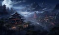 Old Asian city at night, beautiful ancient Asian rural landscape, illustration generated by ai