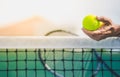 Old asian man hold two tennis balls in left hand, selective focus, blurred racket, net and green tennis court as background Royalty Free Stock Photo