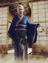 Old Asian man in a robe with a peacock