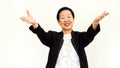 Old Asian senior woman wearing suit with happpy face and hand gestur