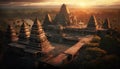Old Asian temple in jungle at sunset, ancient oriental architecture, generative AI