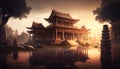 Old Asian temple by lake at sunset, ancient architecture and garden, generative AI