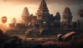 Old Asian temple at sunset, ancient oriental architecture, generative AI