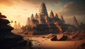 Old Asian temple at sunset, ancient oriental architecture, generative AI