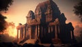 Old Asian temple at sunset, ancient oriental architecture, generative AI