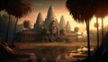 Old Asian temple at sunset, ancient oriental architecture, generative AI