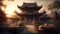 Old Asian temple at sunset, ancient oriental architecture, generative AI