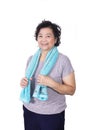 Old Asian woman smiling after workout, holding towel around neck Royalty Free Stock Photo