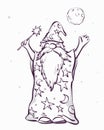 Old astrologer wizard ready to cast spell, cartoon style colouring, vector illustration