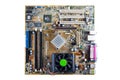 Old Asus A7N8X-VM PC motherboard with AMD A socket, stock cooler and Nvidia chipset top view, simple studio product shot