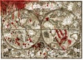 Old atlas map of world with bloody hand print and drops Royalty Free Stock Photo