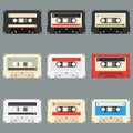 Old audio cassettes gray background. Collection of vector retro audio cassettes. Set of different colorful music tapes. Royalty Free Stock Photo