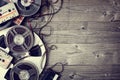 Old audio reels and cassette tape background Royalty Free Stock Photo