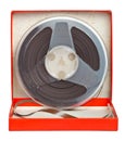 Old audio tape on a red box Royalty Free Stock Photo