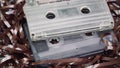 Old audiotape and audio cassettes. 80s concept. Set vintage background