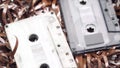 Old audiotape and audio cassettes. 80s concept. Set vintage background. Music concept