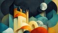 Old authentic city. City under the moon. Painting in the style of modernism. Imitation of oil painting. AI-generated
