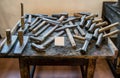 Old, authentic hammers from the museum of ancient crafts in the city of Valli del Pasubio, Italy