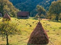 Old authentic wooden house hayloft Carpathian mountains Ukraine Europe Transcarpathia region. Eco tourism Cottagecore Royalty Free Stock Photo