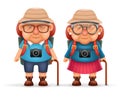 Old Backpacker Couple Photo Camera 3d Travel Realistic Cartoon Character Design Isolated Vector Illustration