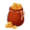 Old bag with golden coins in cartoon style isolated on white background. Money bag, treasure obgect. Ui icon, asset.