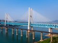 Bird view of Old and New Baishatuo Yangtze River Railway Bridge under blue sky