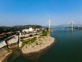 Bird view of Old and New Baishatuo Yangtze River Railway Bridge under blue sky