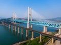 Bird view of Old and New Baishatuo Yangtze River Railway Bridge under blue sky