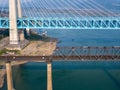 Bird view of Old and New Baishatuo Yangtze River Railway Bridge under blue sky