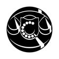 Old bakelite phone icon stylized and inscribed in a circle, monochrome black vector illustration