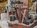 Old balance levers with weights. Vintage wooden and metal scales with set og weights Royalty Free Stock Photo