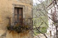 Old window with flowered balcony of an abandoned house