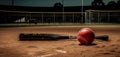 Old ball and baseball bat on the softball field, close-up, with free space, idea for a banner. AI generated Royalty Free Stock Photo