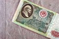 Old banknote of 50 rubles of the Soviet Union on a wooden table Royalty Free Stock Photo